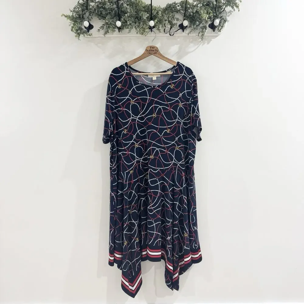 Michael Kors Handkerchief Logo Rope Print Border Dress Midnight Blue Size 3X QQ3